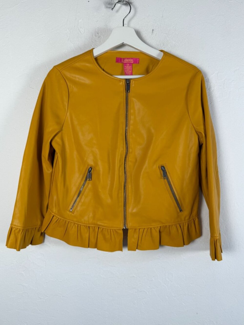Catherine Malandrino Womens Mustard Ruffle Trim Faux Leather Jacket Size PM New